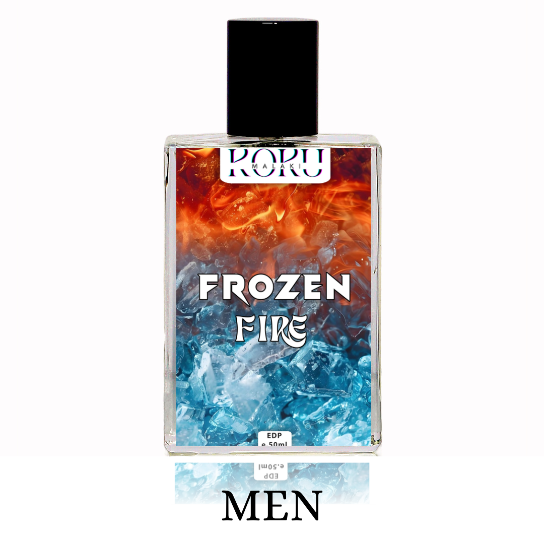 A bottle of Koku Malaki's Frozen Fire perfume for men, featuring a label with a fiery design and the brand name at the top.